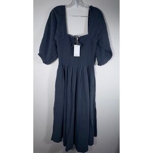 Quince Women Organic Cotton Gauze Smocked Square Neck Midi Dress Blue M